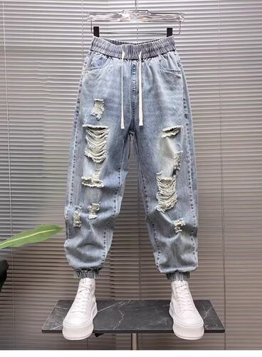 秋冬新款松紧腰破洞束脚牛仔裤男
