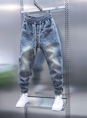 春夏季浅蓝色牛仔裤男时尚潮流提花工艺束脚裤男士抽绳哈伦小脚裤