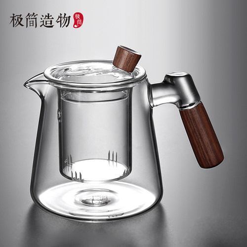 日式木把耐热玻璃带过滤泡茶壶