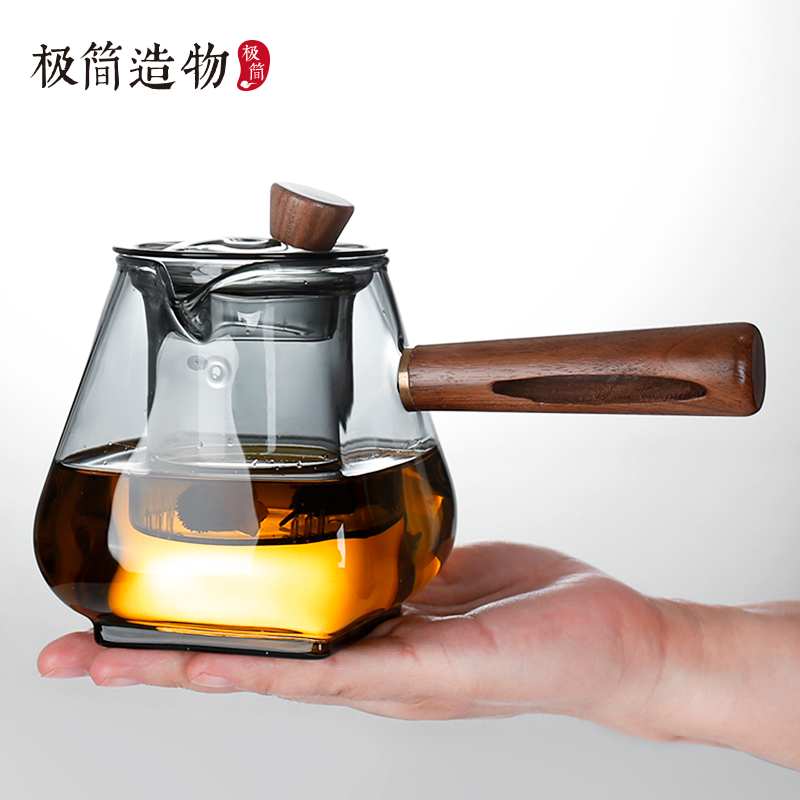 日式侧把耐热玻璃烟青色泡茶壶