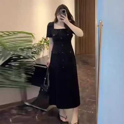 大码复古小香风方领连衣裙女夏季