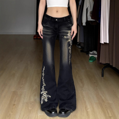 梦回千禧复古做旧牛仔裤辣妹低腰微喇裤美式花卉刺绣新款百搭长裤
