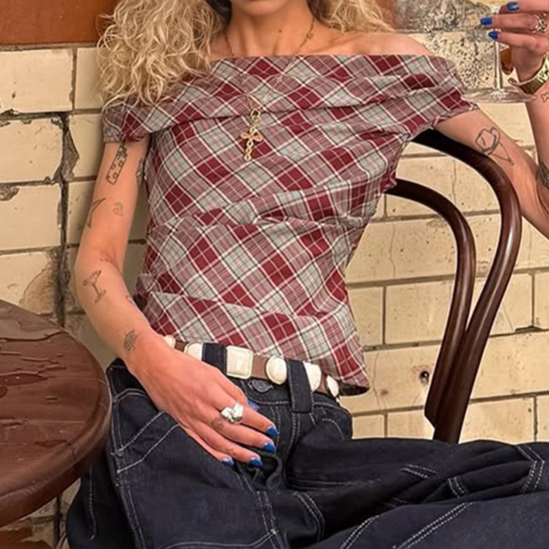 美式复古撞色格纹修身T恤女设计感荡领一字肩两穿短袖ins新款上衣