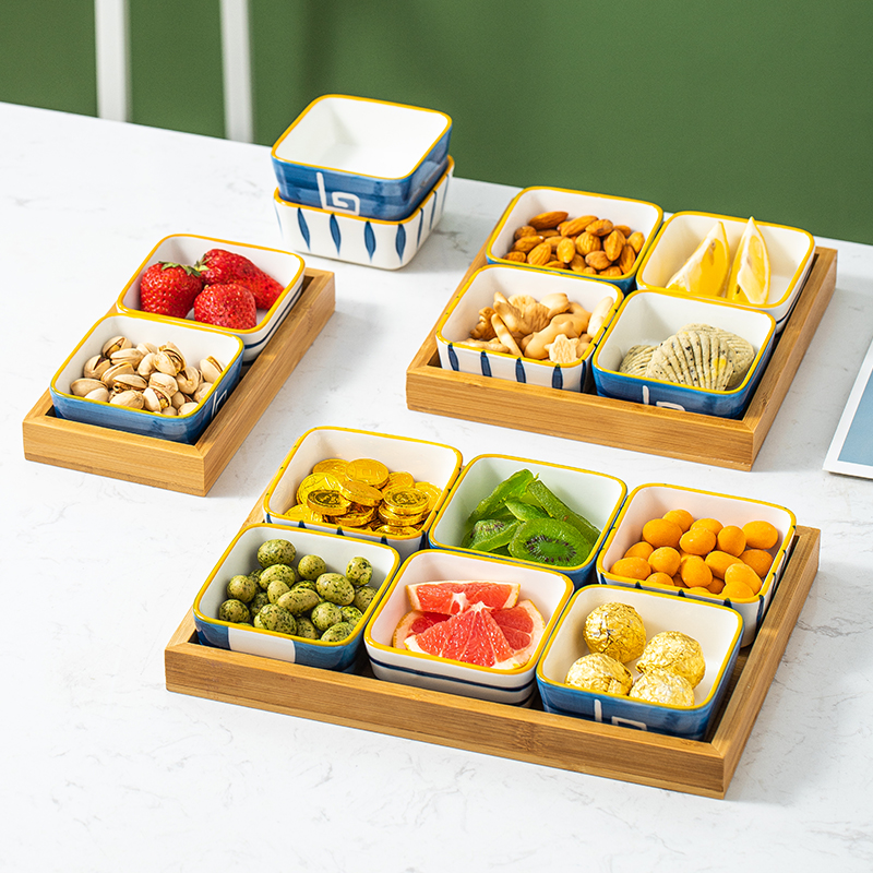 日式手绘釉下彩干果陶瓷碟子招待会客坚果点心碟瓜子零食带木托盘