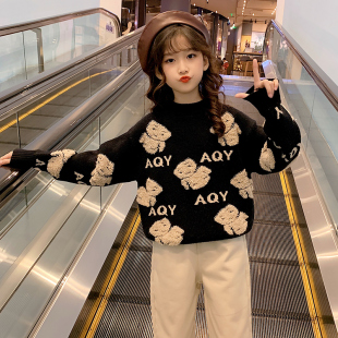 法国BERYDIA儿童毛衣女款冬季女童洋气加绒加厚黑色针织打底衫