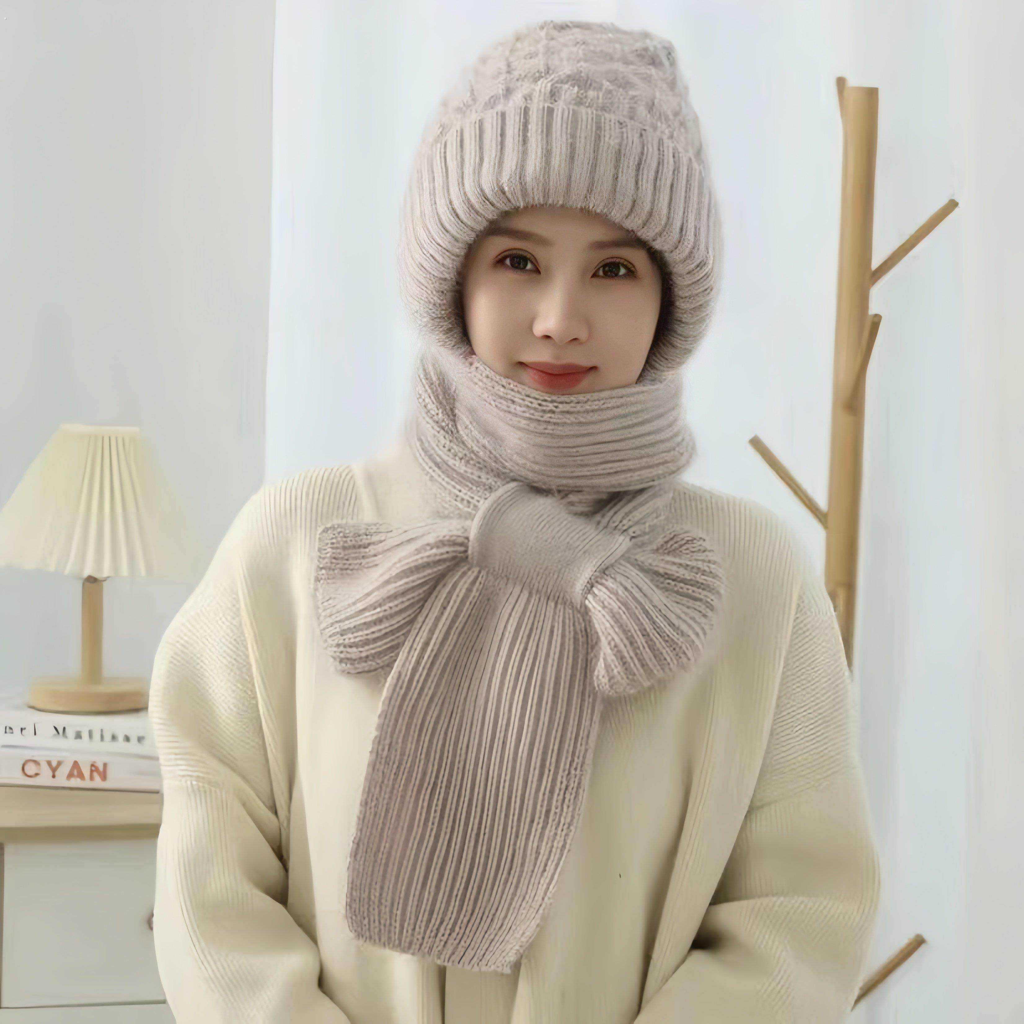 针织毛线帽子围巾一体女冬季加绒加厚风雪帽秋冬季松鼠绒保暖帽子