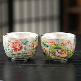 银杯子999纯银主人茶杯高档瓷鎏银上作画养生品茗杯茶盏纯银包银