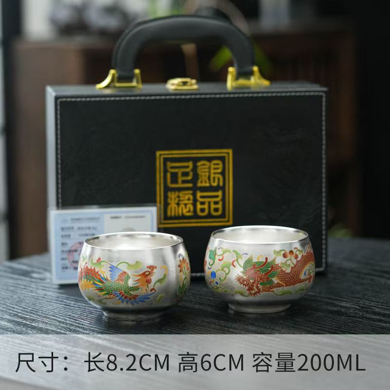鎏银龙凤茶杯999银茶杯银碗陶茶杯