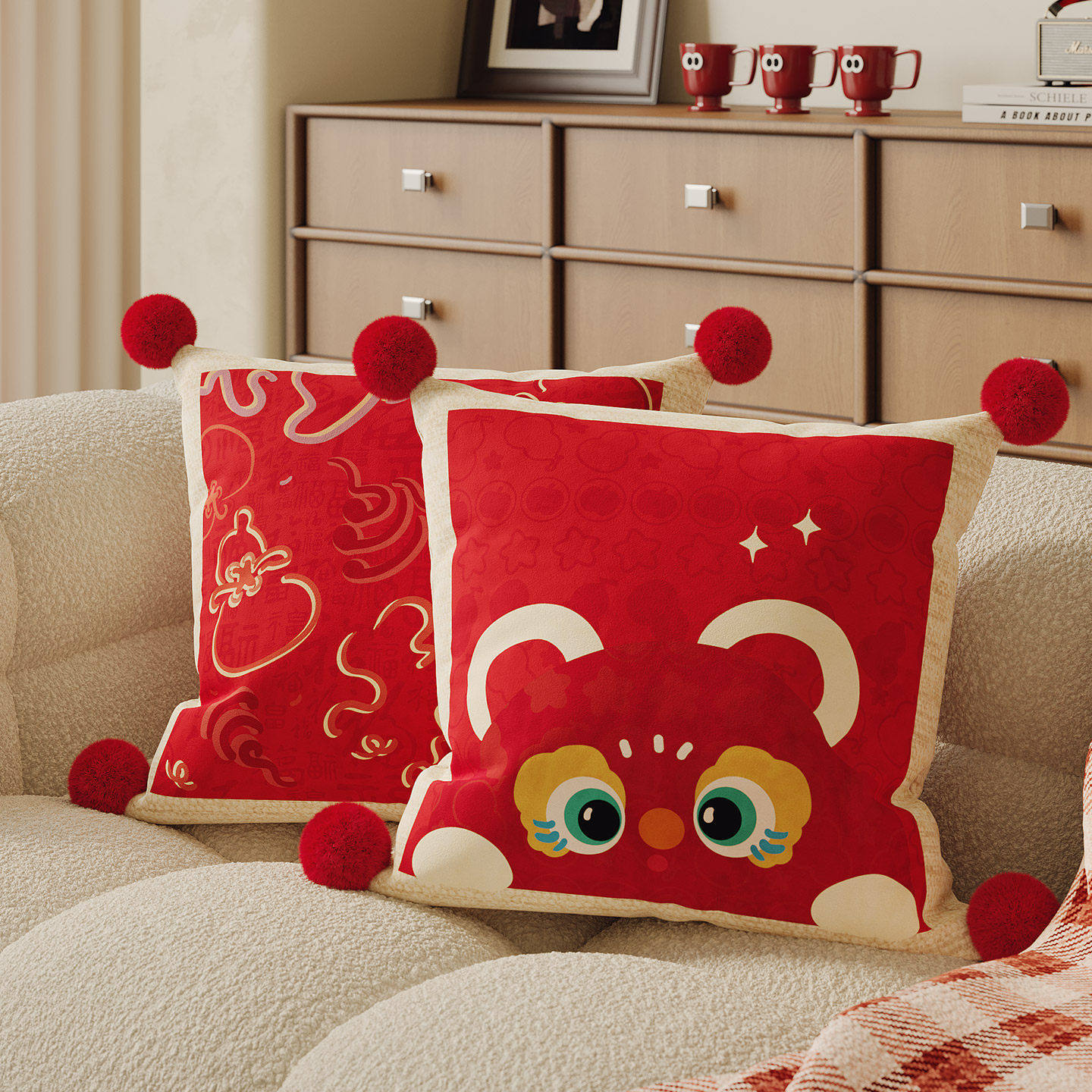 可爱醒狮新年抱枕套客厅沙发红色喜庆床头靠背靠垫腰靠含芯可拆洗,居家布艺,靠垫/抱枕,淘宝优惠券,粉丝福利购,淘宝优惠卷