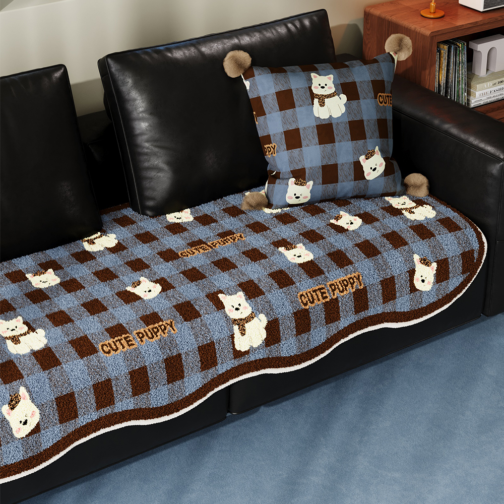卡通小狗毛绒沙发垫仿羊绒加厚冬季固定防滑防猫抓直排沙发坐垫子