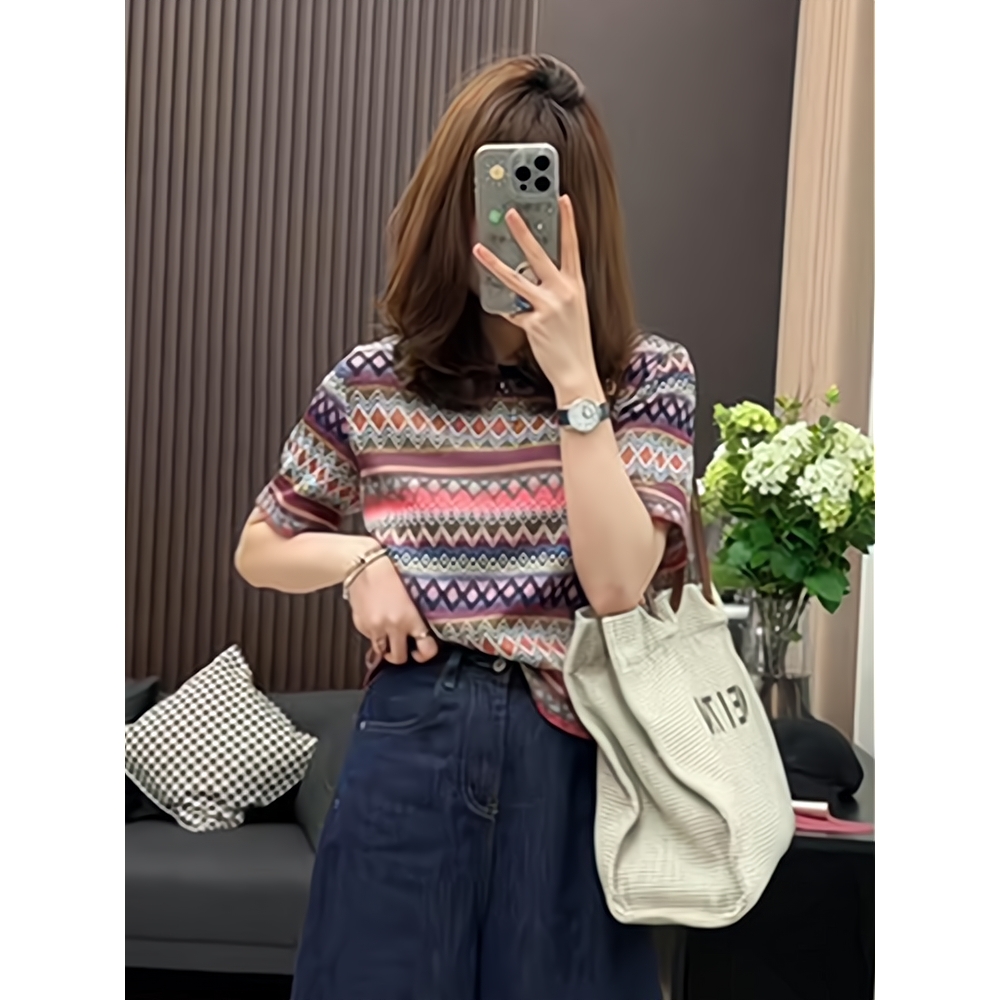 阿玛施彩色条纹短袖女t恤夏季2025新款洋气宽松休闲百搭正肩上衣