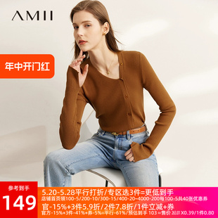 Amii2024春新款 上衣女开叉白色T恤 不对称斜V领外搭长袖 针织衫
