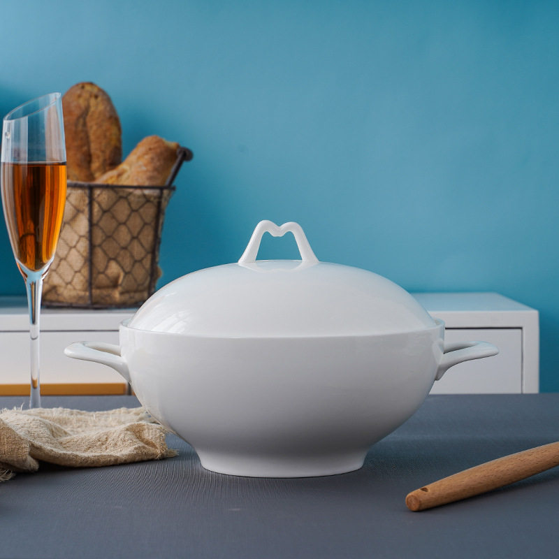 纯白骨质瓷汤煲家用陶瓷餐具盘碗碟汤碗中欧式家用隔热双耳汤煲