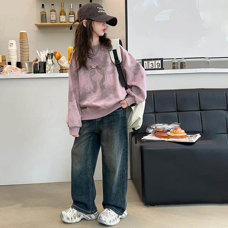 女童卫衣春秋款2025新款中大童洋气扎染宽松长袖女孩休闲春装套装