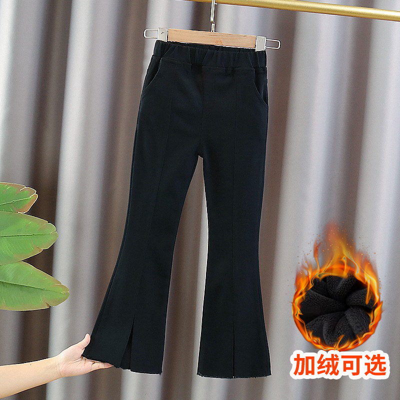 女童微喇叭裤加绒秋冬季2023新款中大儿童春装洋气时髦牛仔裤子黑