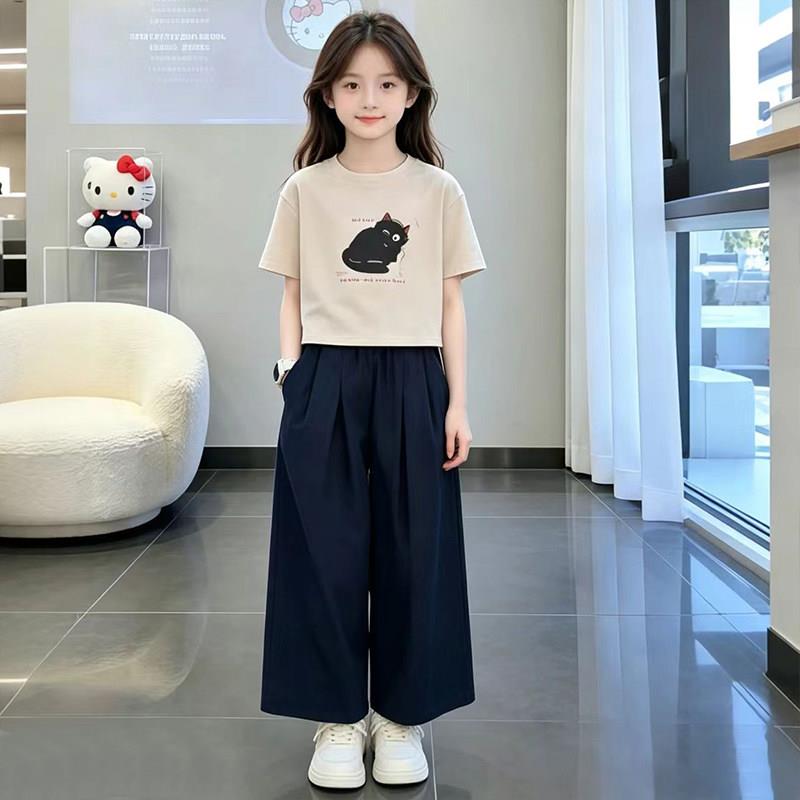 女童印花猫咪短袖套装夏季2026新款洋派休闲圆领T恤女孩百搭长裤