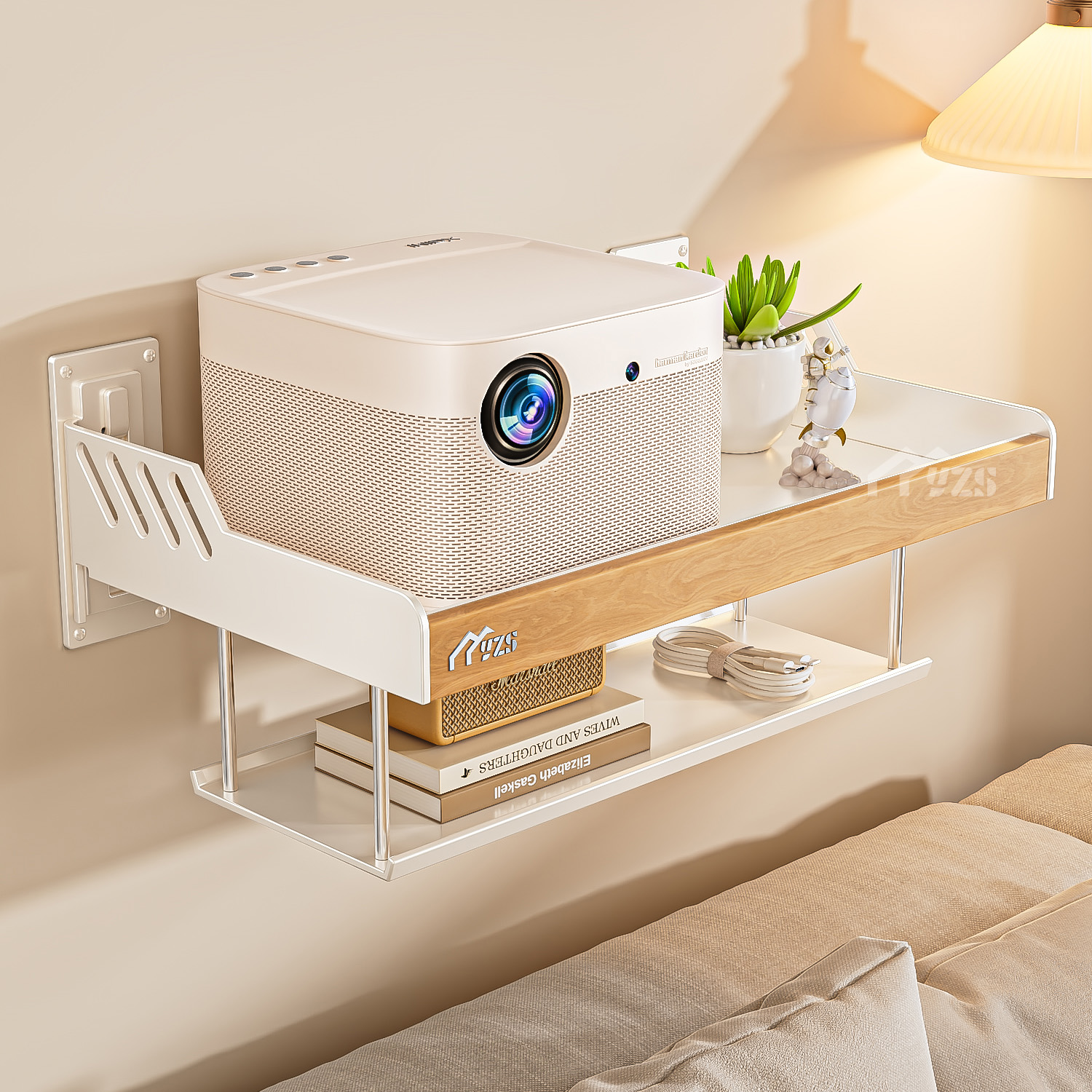 原木奶油风实木投影仪支架路由器床头壁挂置物架wifi机顶盒收纳架