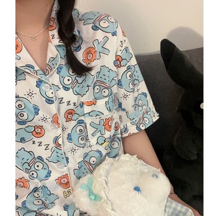 韩国丑鱼人鱼汉顿纯棉睡衣女夏短袖 薄款 卡通可爱三件套家居服套装