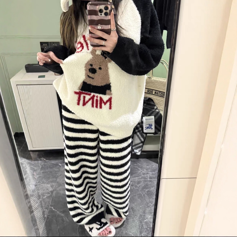 黑色条纹小熊睡衣女冬季2025甜美