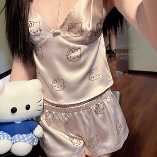 家居服套装 烫钻凯蒂猫带胸垫吊带睡衣女款 冰丝背心短裤 夏季 大码