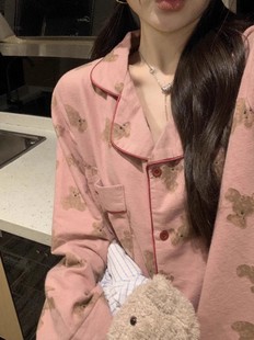 韩系ins睡衣女士春秋季卡通小熊纯棉麻长袖长裤家居服套装可外穿