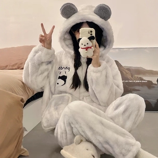 熊猫睡衣女秋冬季珊瑚绒2025新款加厚加绒拉链保暖连帽家居服套装