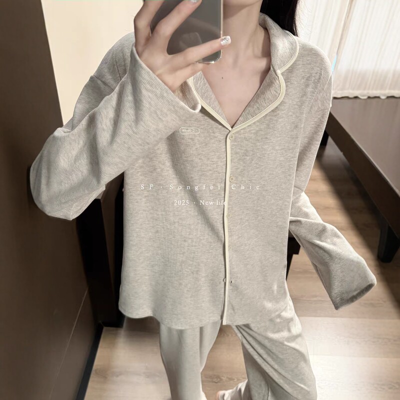 撞色磨毛翻领睡衣套装秋冬新款加