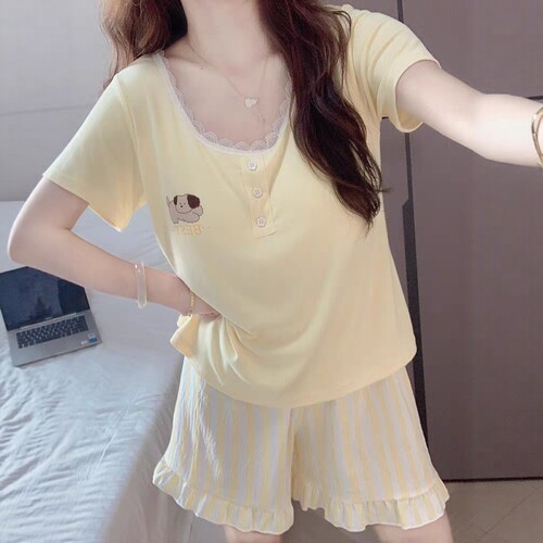 可爱条纹狗睡衣女款夏季带胸垫莫
