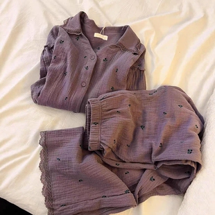 大码 甜美少女紫色碎花棉纱睡衣女2026春秋新款 家居服套装 长裤 长袖