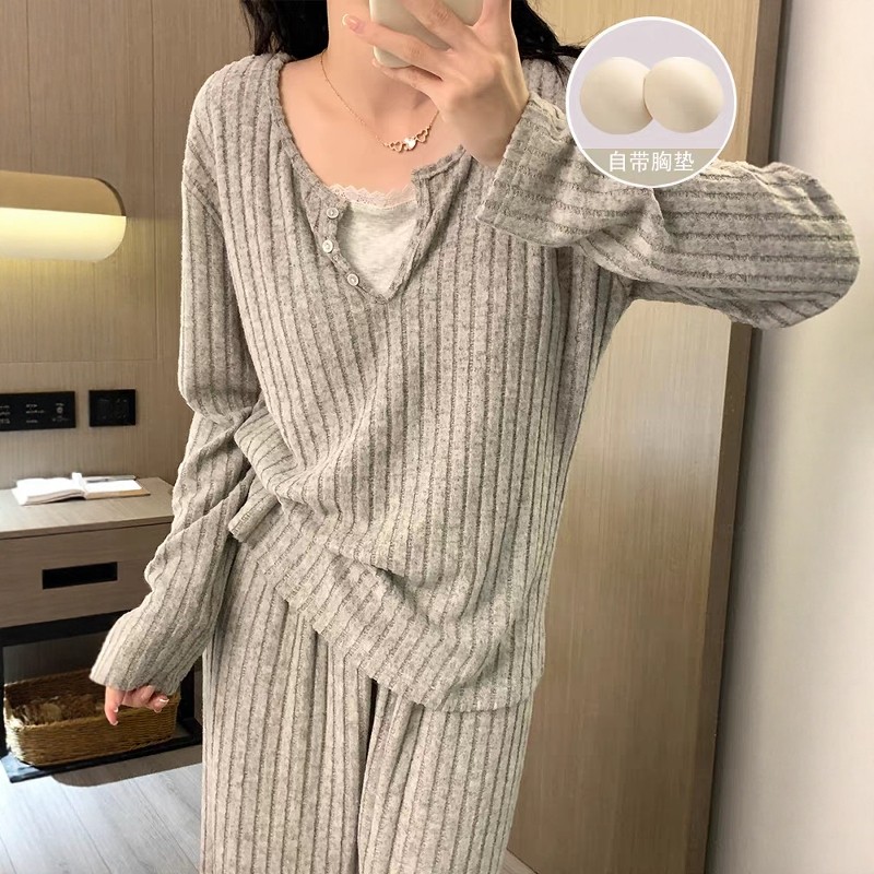 春秋季新款慵懒风睡衣女纯色坑条磨毛棉带胸垫长袖冬天家居服套装
