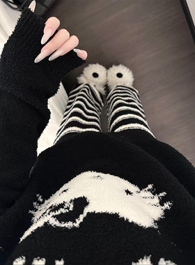 黑色kitty半边绒睡衣女秋冬季加绒加厚珊瑚绒2025新款冬天家居服