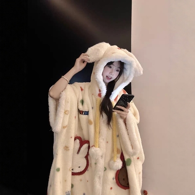 可爱少女风连帽睡袍女款秋冬季珊