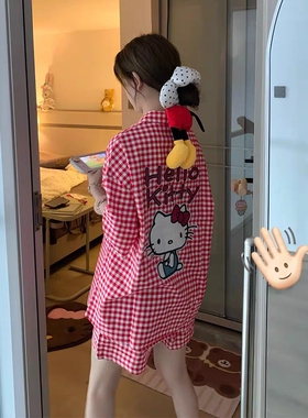 格子HelloKitty2025新款云朵棉睡衣女夏季短袖春秋天家居服三件套