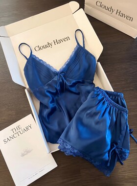 高级感宝蓝色缎面冰丝睡衣女夏季