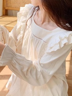 宫廷风纯色高级感夏天家居服套装 睡衣女秋冬季 春秋款 新款 纯棉长袖
