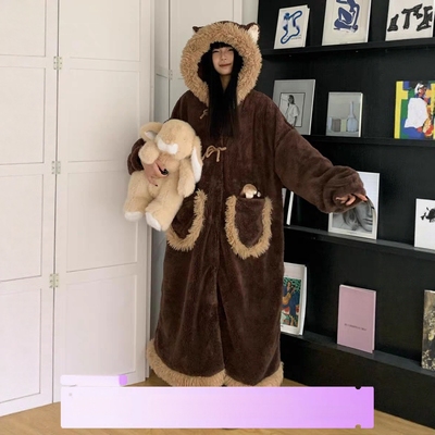 小浣熊珊瑚绒睡袍女款秋冬季加绒