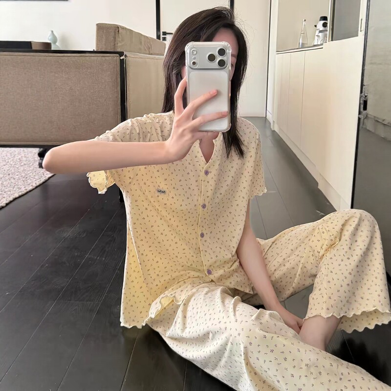 睡衣女新款夏季纯棉小翠花开衫短图片