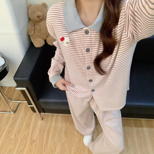 条纹凯蒂猫睡衣女款春秋季德绒磨毛保暖长袖冬天加厚海岛绒家居服