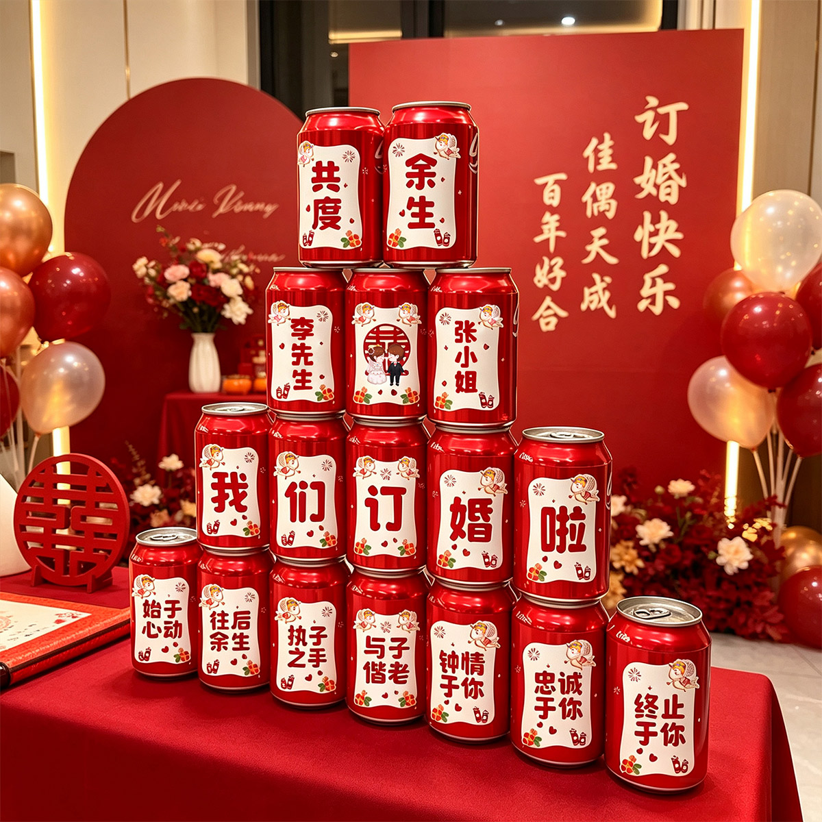 创意可乐贴纸订婚结婚仪式道具布置用品易拉罐喜字贴婚礼摆台装饰