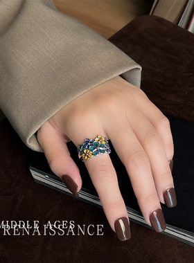 繁花似锦~文艺复古蓝色珐琅滴釉花朵戒指开口可调节花簇食指戒女