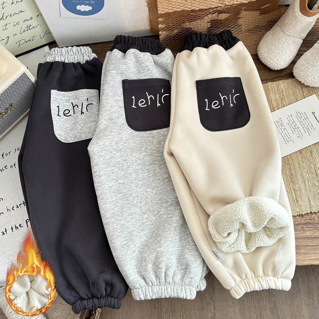 儿童冬季加绒加厚保暖休闲裤棉质束口裤男女童中小童韩版撞色裤子