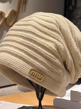 大头围宽松灰色毛线堆堆帽女秋冬天65cm大号护耳保暖防寒针织冷帽