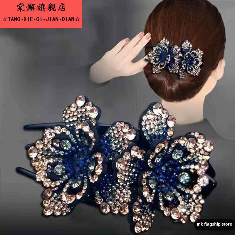 发夹头饰后脑勺盘发双花鸭嘴夹发卡子女头发夹子带钻发饰妈妈抓夹