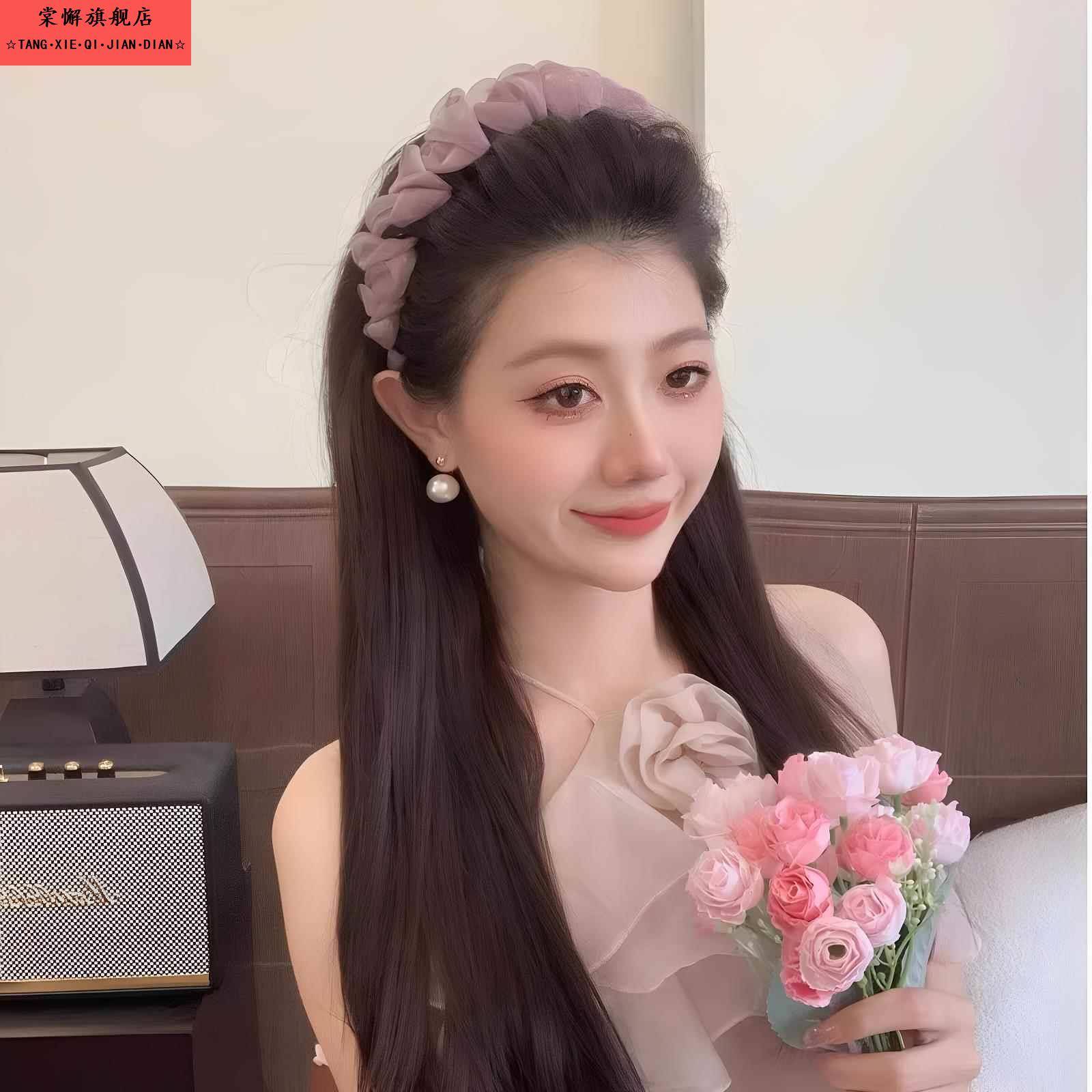 炫彩渐变超仙褶皱网纱波浪发箍女2025新款秋季带齿防滑高颅顶头箍