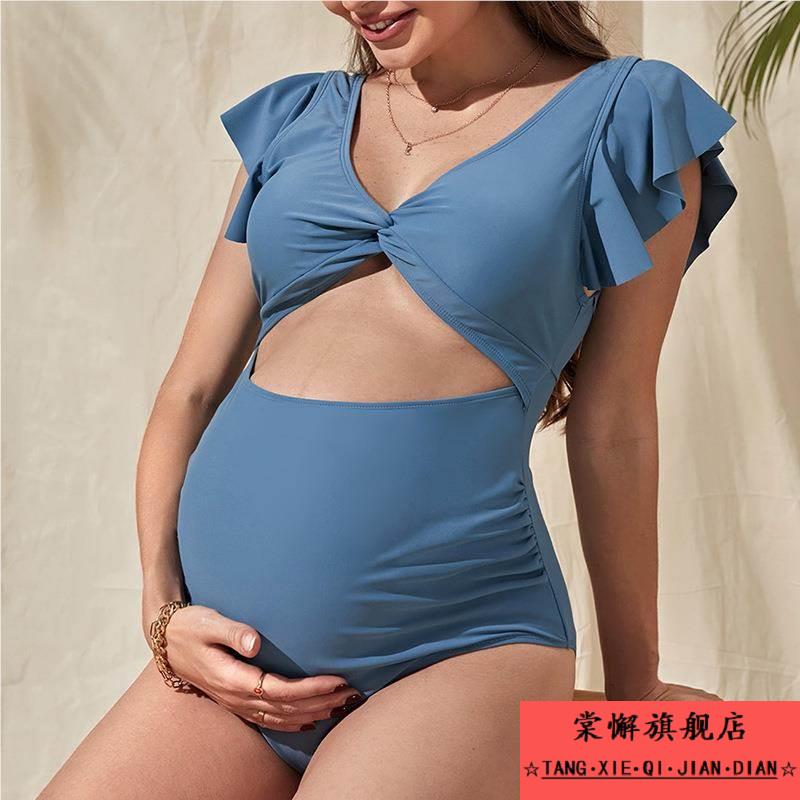 孕妇托腹专用泳衣女保守连体比基尼游泳宽松短袖遮肚连体泳装泳裤