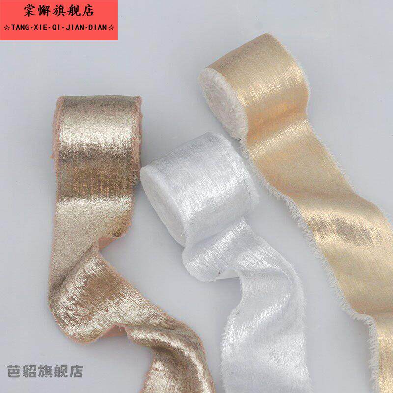 手撕毛边烫金毛绒丝带婚礼手捧花流苏飘带蝴蝶结装饰布条真丝布条