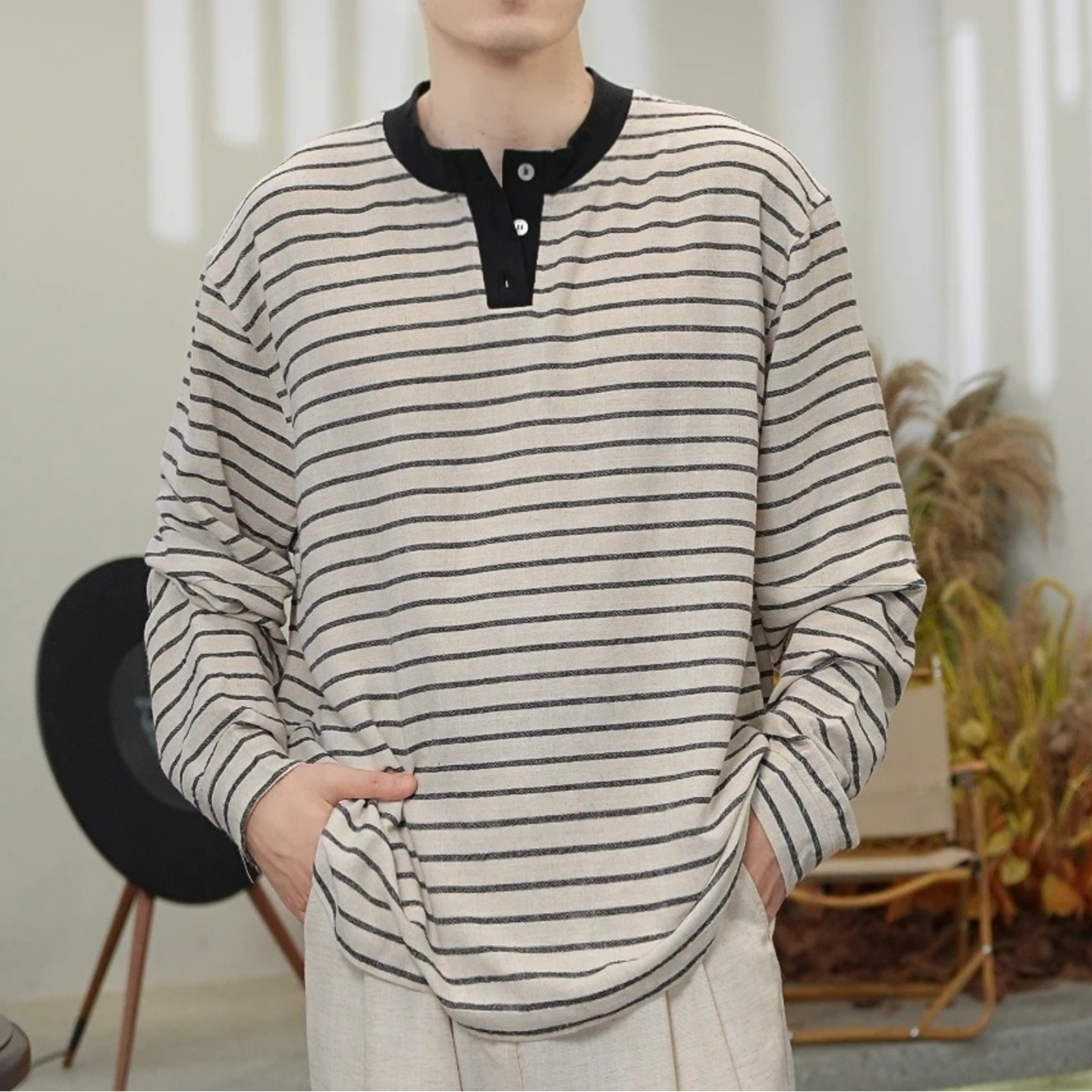 精致韩风条纹长袖T恤男