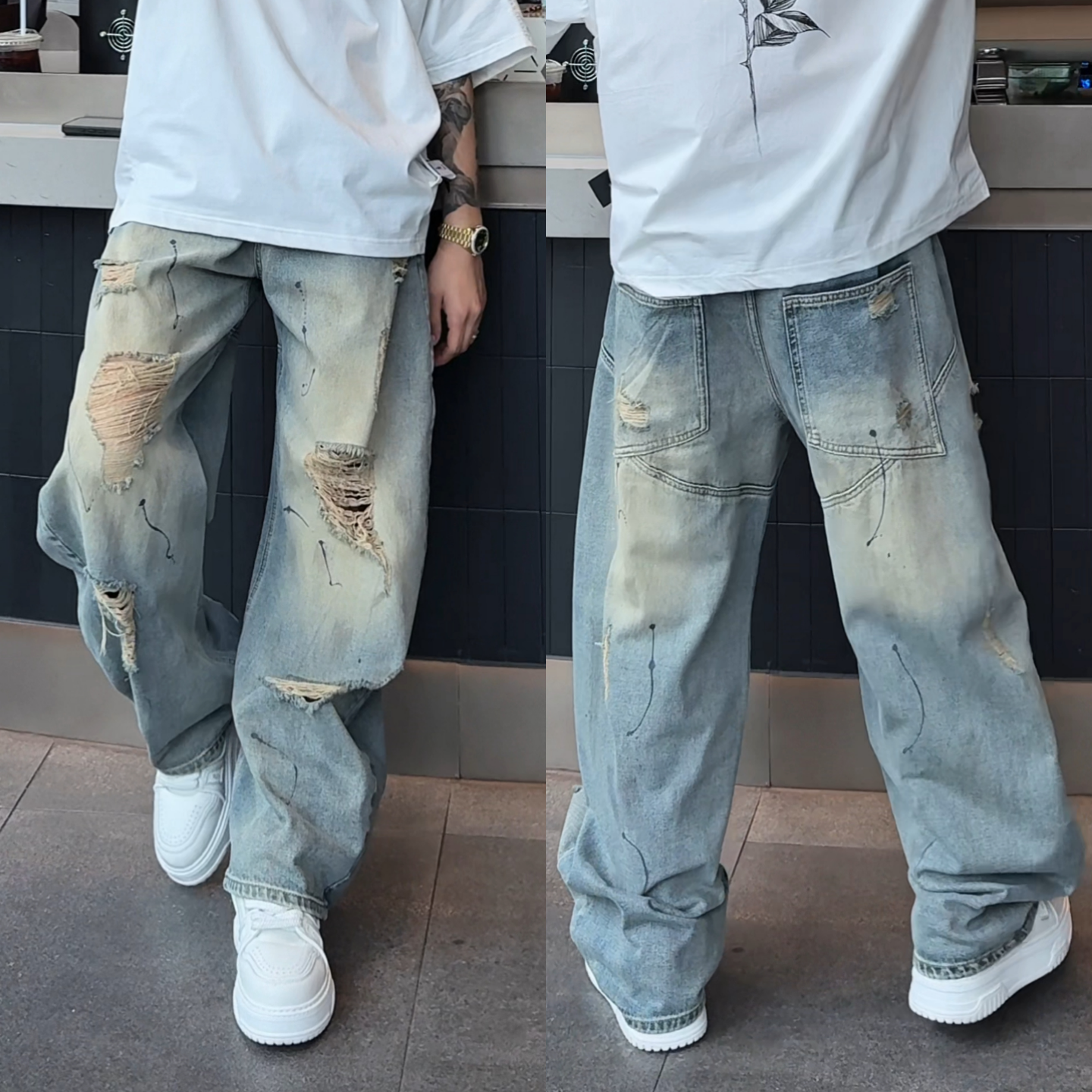 春季美式复古做旧破洞牛仔裤男士