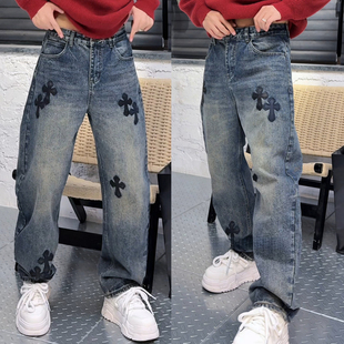 冬季新款潮流复古潮牌个性十字花贴标百搭休闲小众款式男士牛仔裤