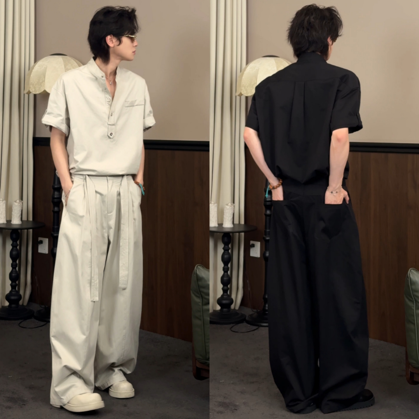 夏季男士高级感时尚简约短袖T恤长裤两件套装宽松痞帅潮流套装潮
